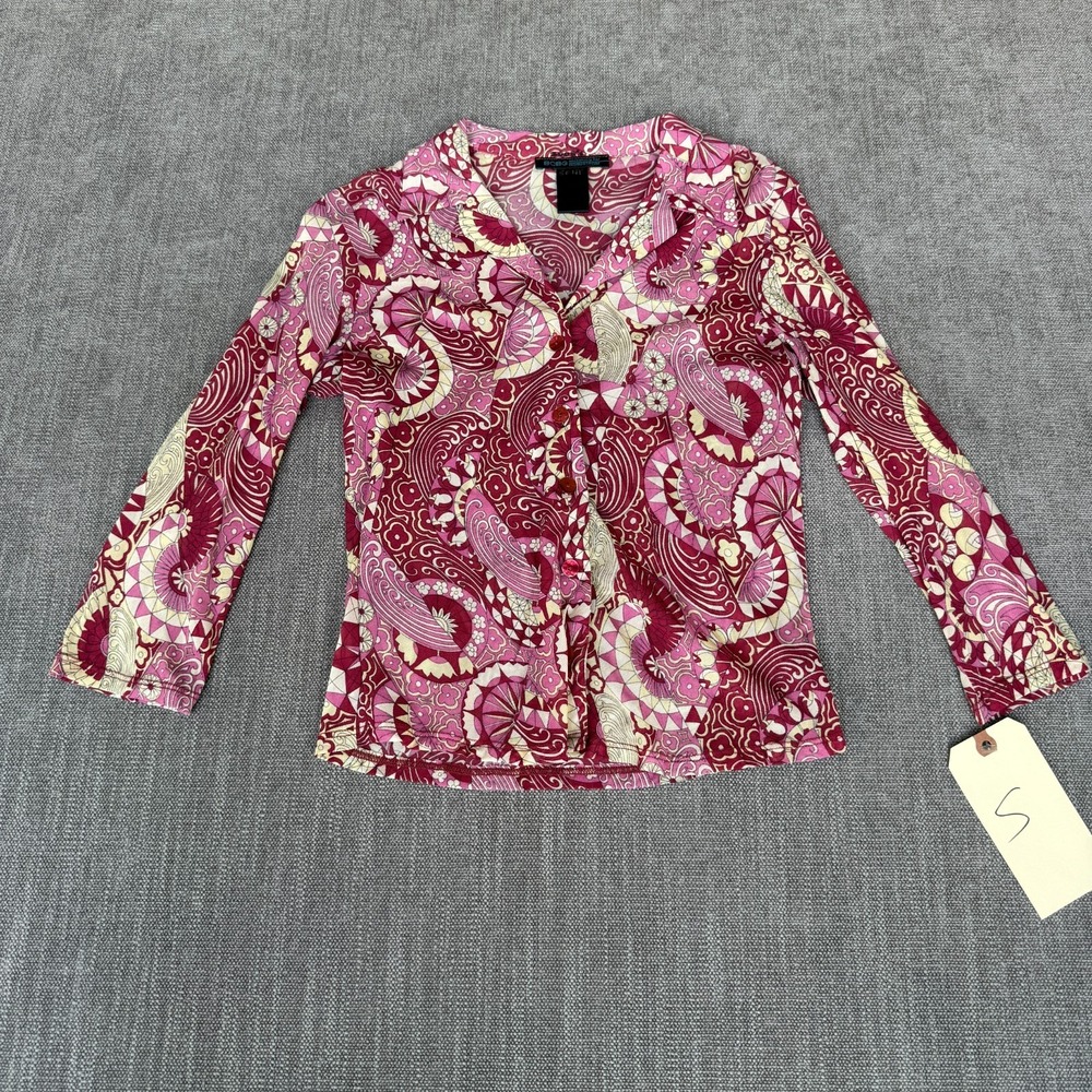 BCBG Baddie Shirt Top Womens S Pink Paisley Retro Coquette Collared Button Up